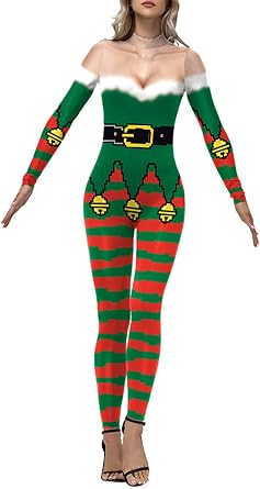 Christmas Stripe Pattern 3D Digital Print Long Sleeve Bodycon One Piece Xmas Jumpsuit Outfits