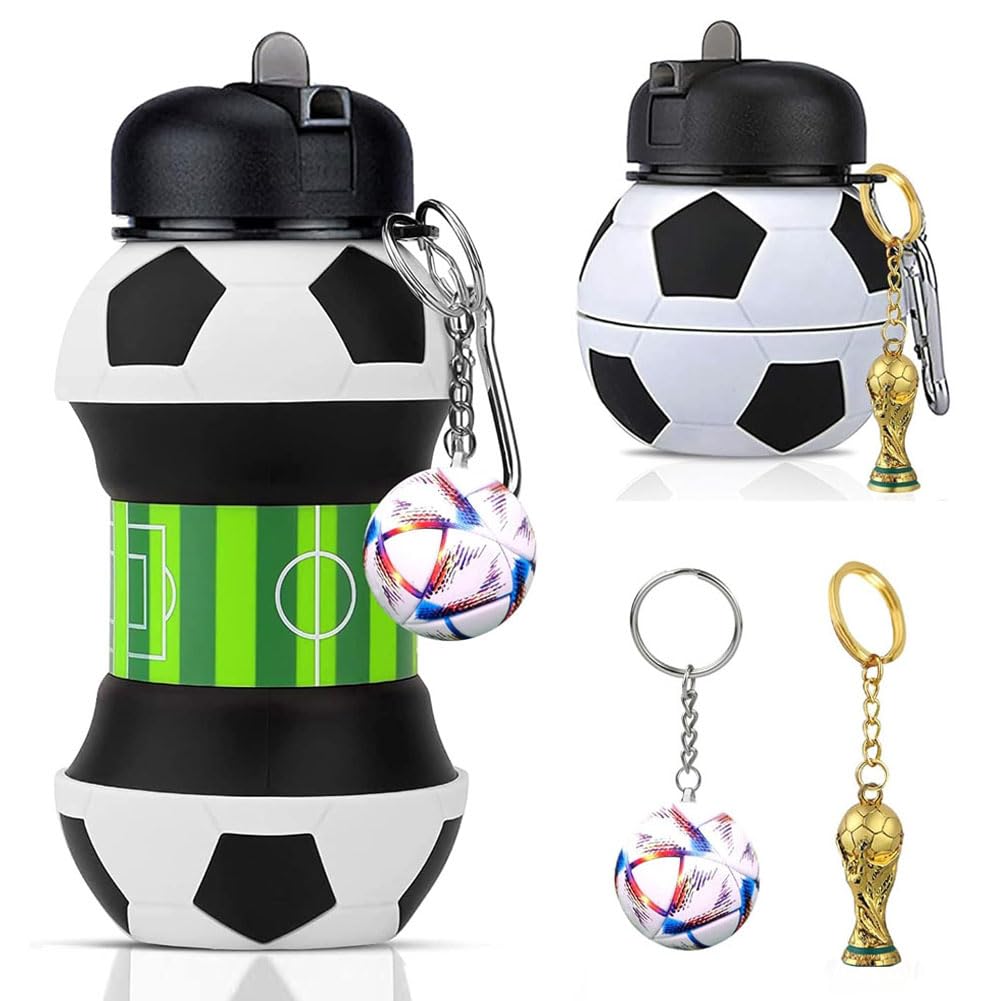 Glibbertoy Boys Football A1 Football Collapsible Water Bottle & Keychain Set- 550Ml Silicone Bottle With World Cup Trophy & Soccer Shape Keyring - Foldable Drink Sports Water Bottle Gift For & Girls