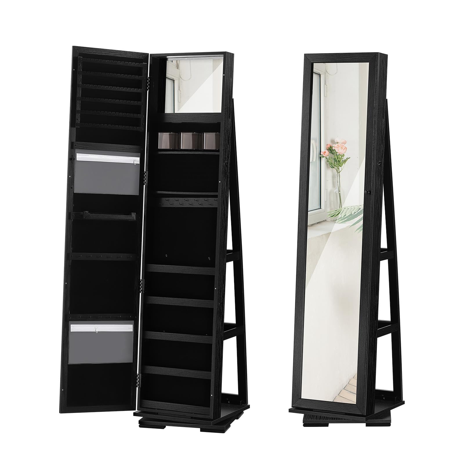 360° Jewelry Cabinet with Full-Length Mirror, Standing Mirror with Storage, Rotatable Jewelry Armoire, Valentine’s Day Gift for Her