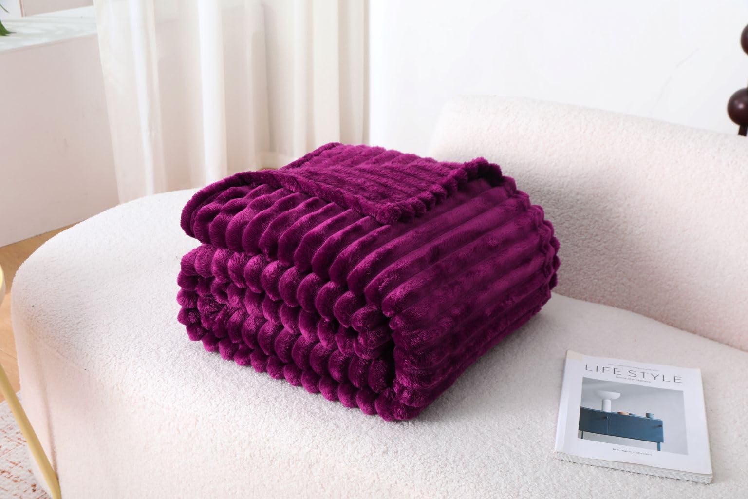 Slumber Nights Throws Ribbed Fleece Blanket Faux Fur Large Size Sofa Bed Soft Warm 150x200 cm and 200x240 cm Size (Aubergine, Double)