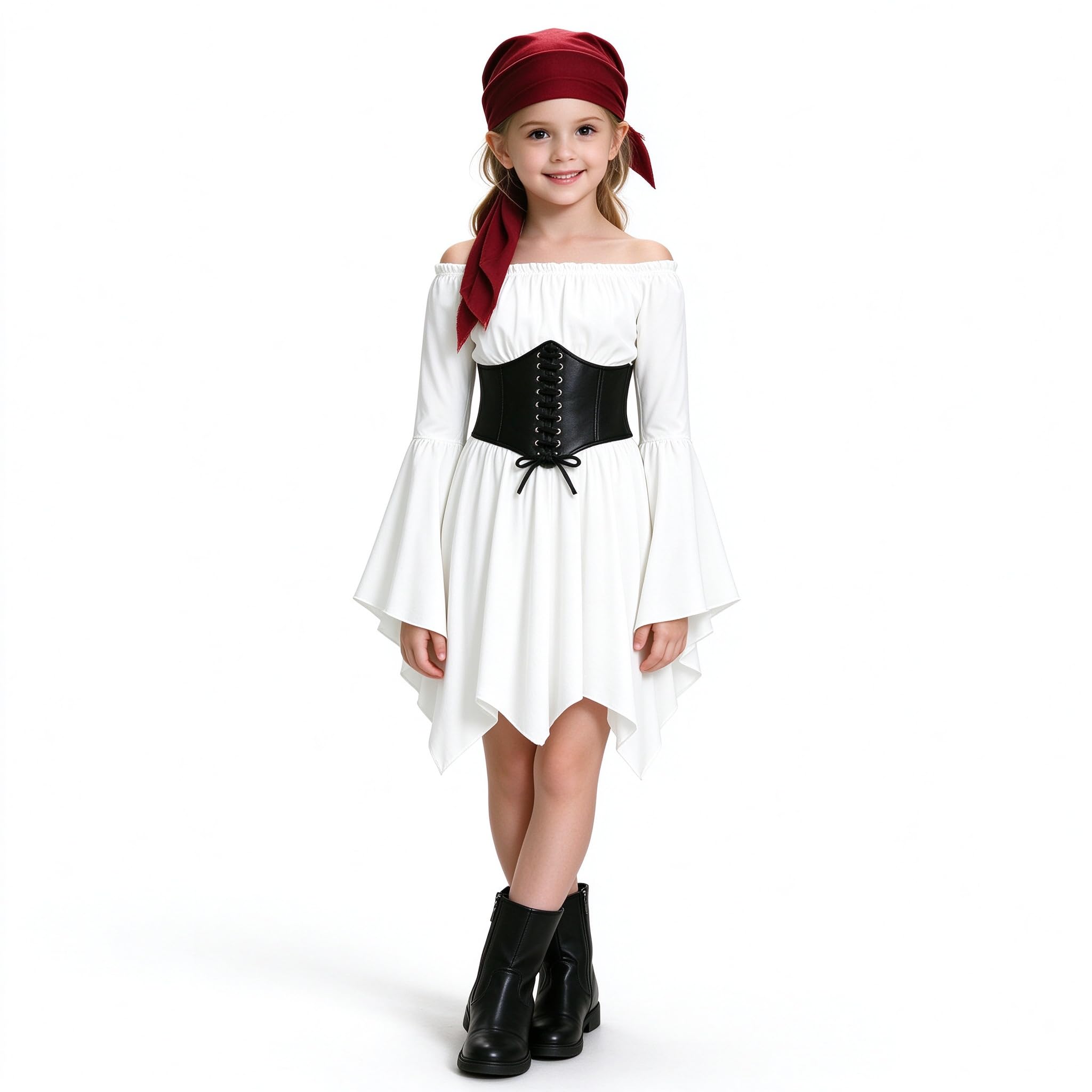 Pirate Costume Kids Halloween Medieval 2Pcs Dresses for Girls Off Shoulder Bell Sleeve High Low Dress with Corset Belt Create Pirat Princess Dress for Child Carnivalsand Cosplay Themed Parties — image 1