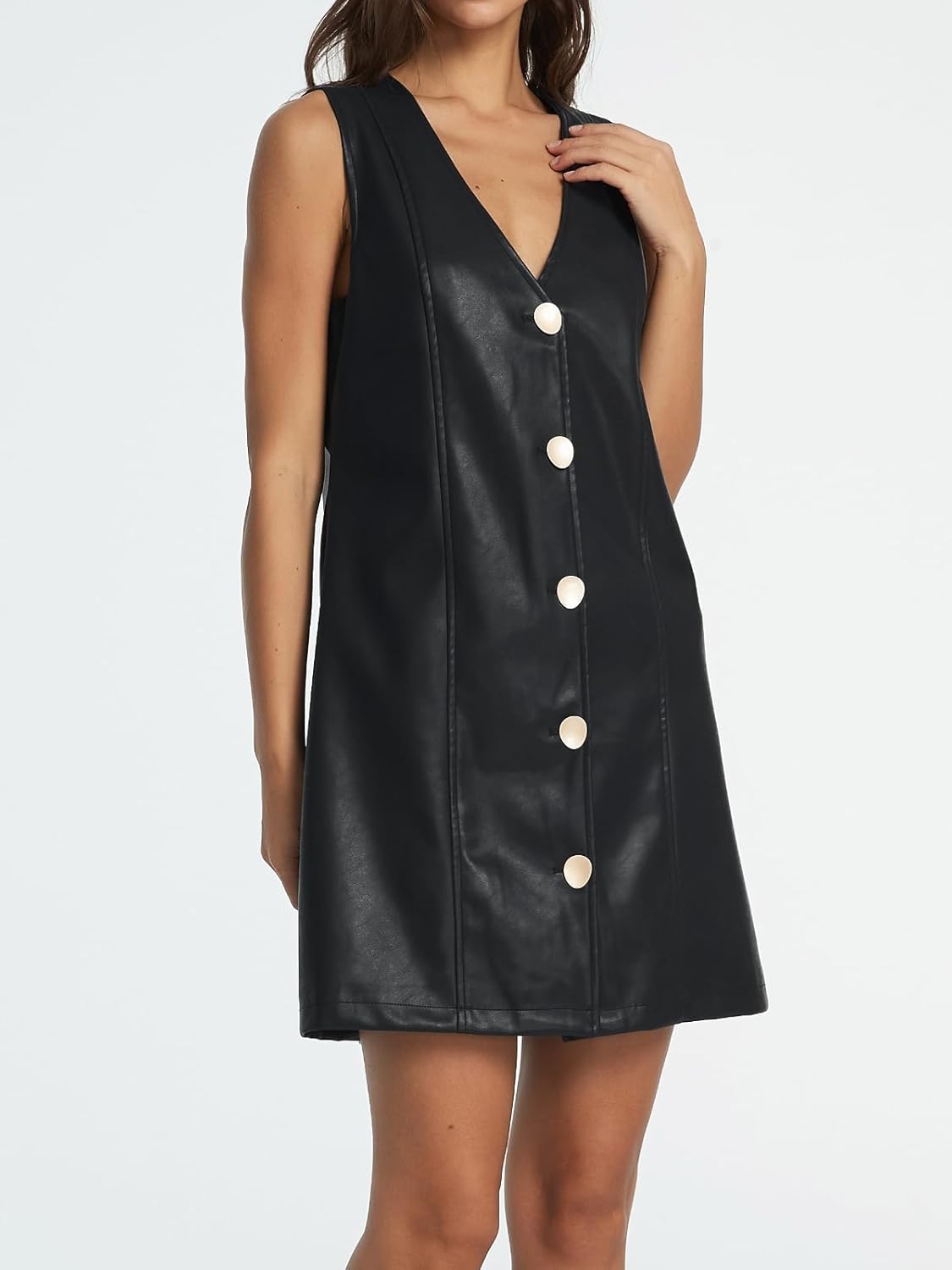 Women Faux Leather Mini Dress Sleeveless V Neck Button Down Pinafore Dress - Image 4