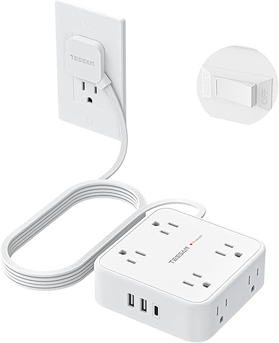 Miniatura 15 de Tessan Enchufe múltiple para sobretensión, 900 J, cable plano, 5 ft, 8 tomacorrientes, 3 puertos USB (1 USB C), extensor 3 lados, suministros de