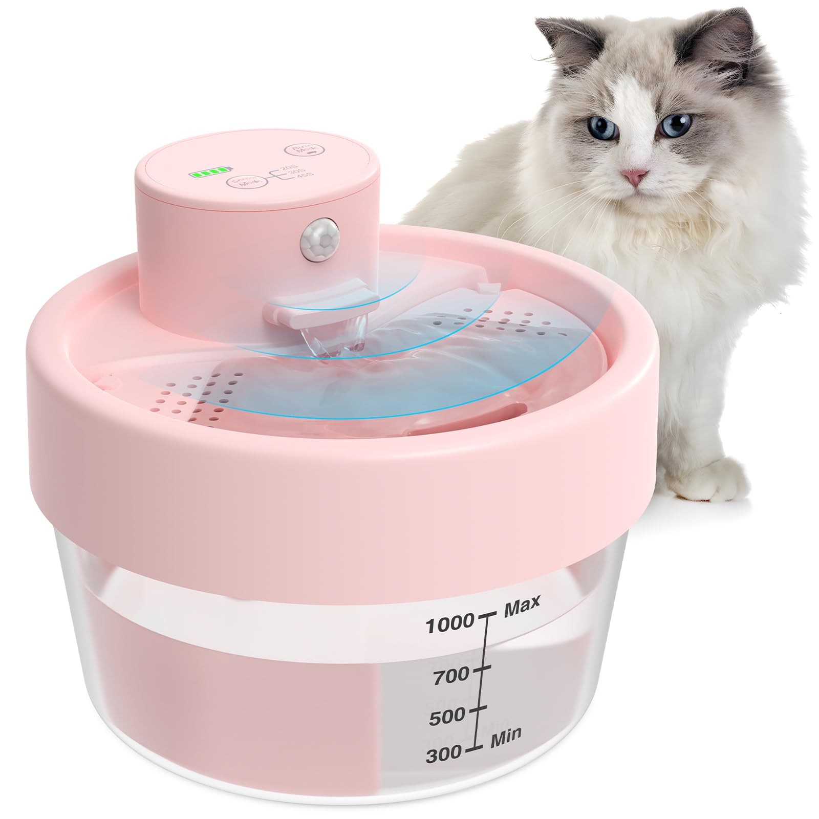 MASBRILL Fuente para Gatos sin Cable, 1L Bebedero Gatos Automatico con Sensor de Movimiento, Fuente de Agua para Gatos con Recargable Batería, Súper Silenciosa Fuente Gatos para Perros, Rosa