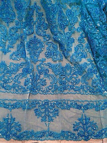 Turquoise Beaded Sequins Bridal Lace Corded Fabric 50" by The Yard