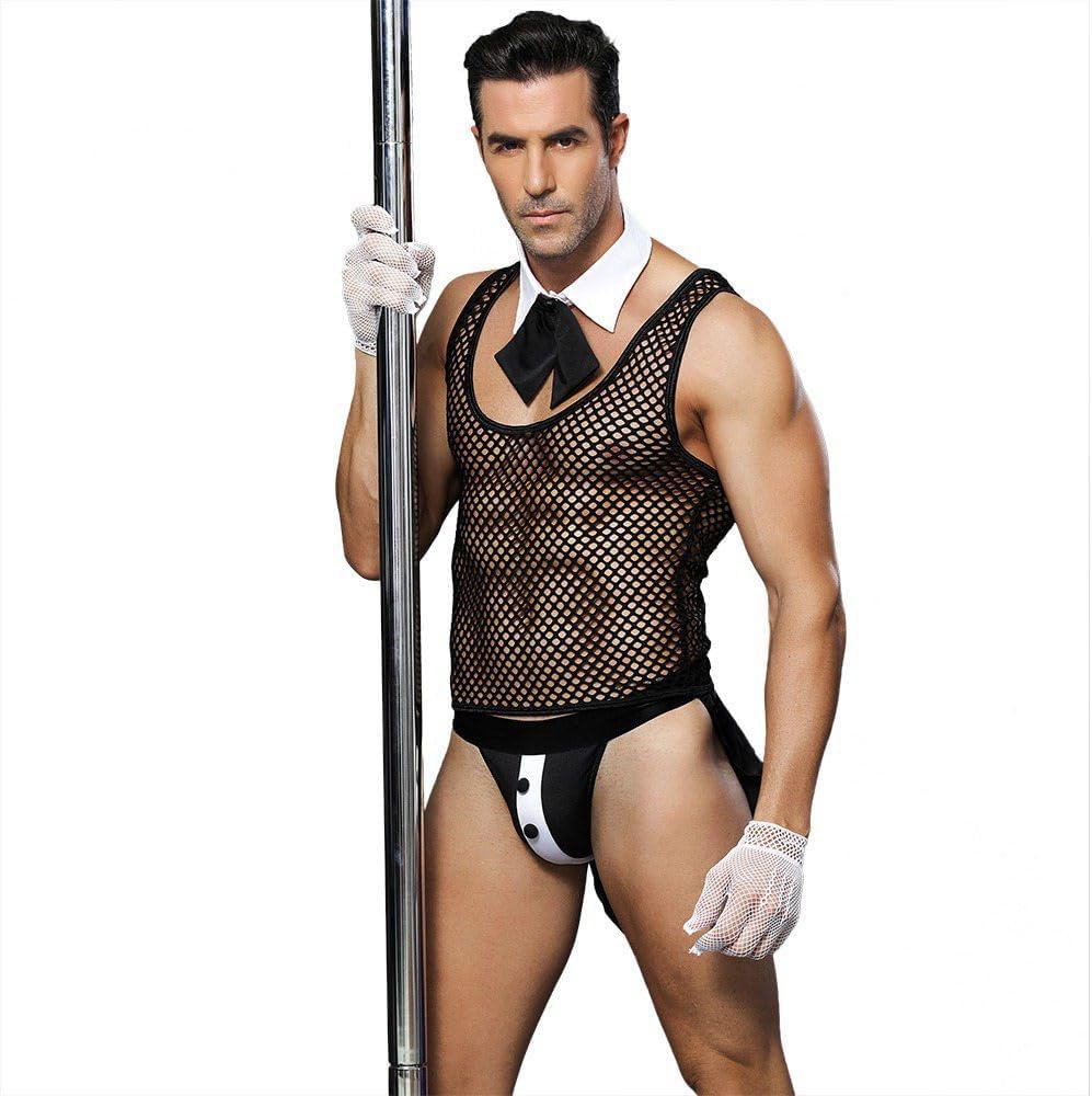 Sexy Tuxedo Collar Lingerie Underwear Set Mesh Shirt for Men See Through G-String Bikini Briefs Costumes