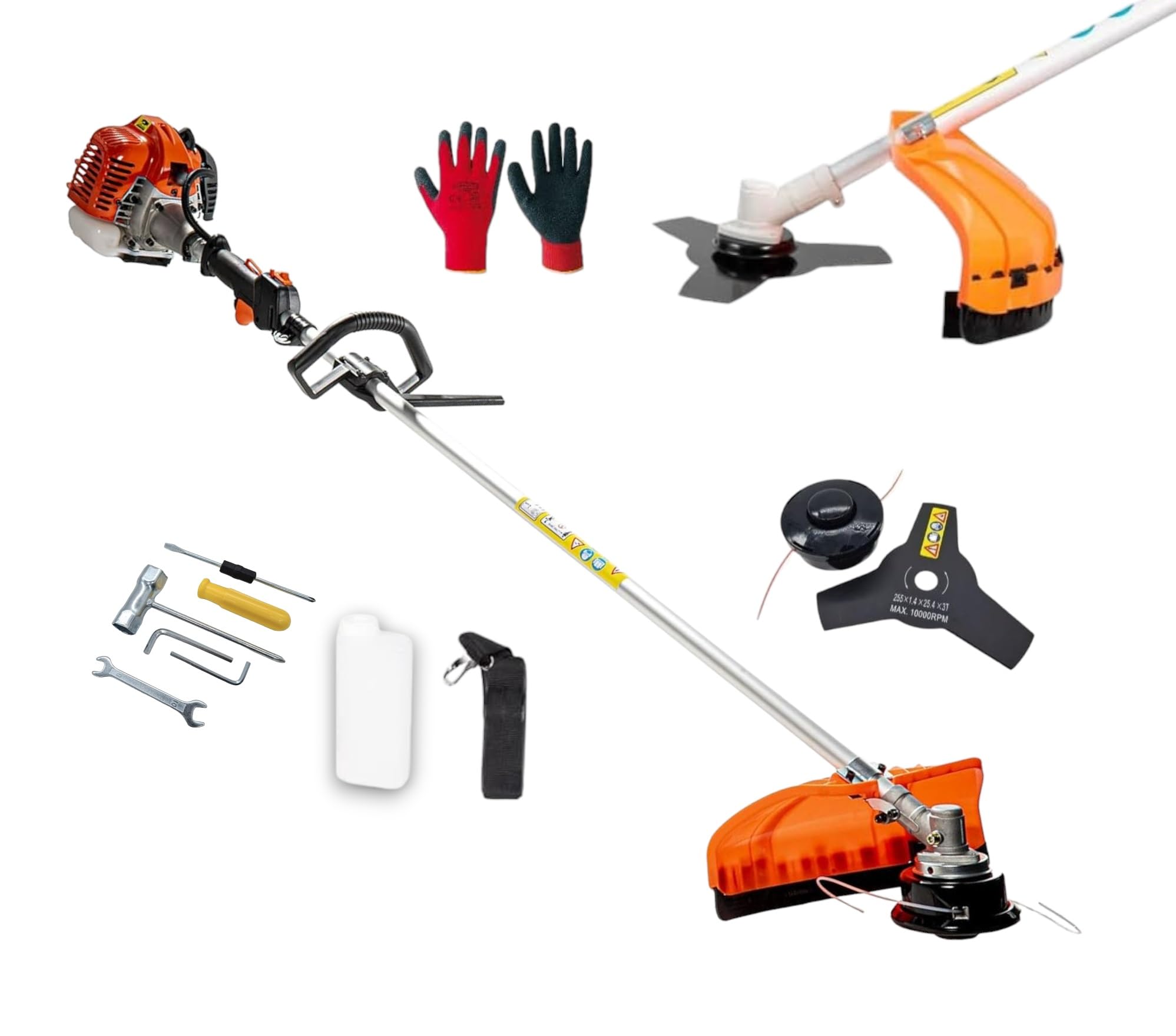 Decespugliatore a scoppio 52cc multifunzione 2 in 1 tagliaerba rasaerba tagliabordi motore 2 tempi con Testina doppio Filo da 2 mm è Disco 3 Denti per professionisti o fai da te guanti omaggio
