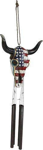 Miniatura 4 de Ebros Gift Gran calavera de vaca tribal, tribal, rústico, occidental, con bandera estadounidense y cuentas de turquesa, carillón de viento