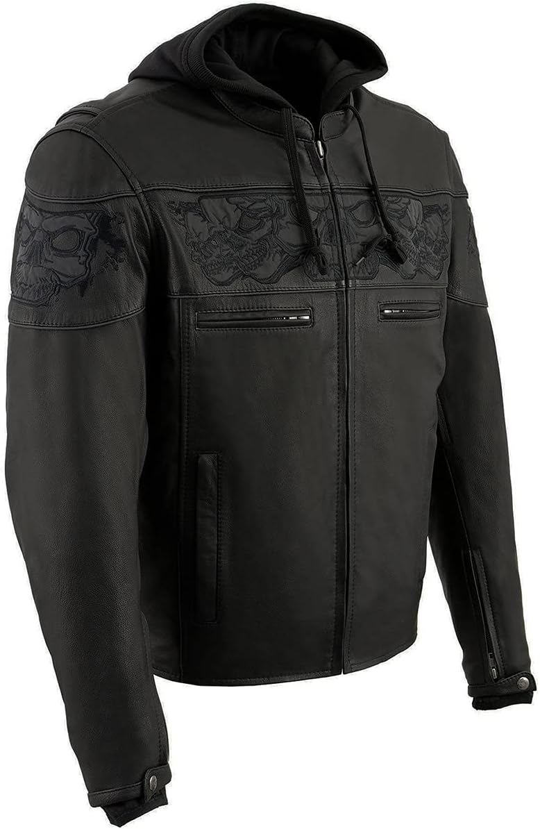 Milwaukee Leather MLM1563 Men's Black Leather Scooter Style Motorcycle Jacket with Reflective Skulls w/Hoodie