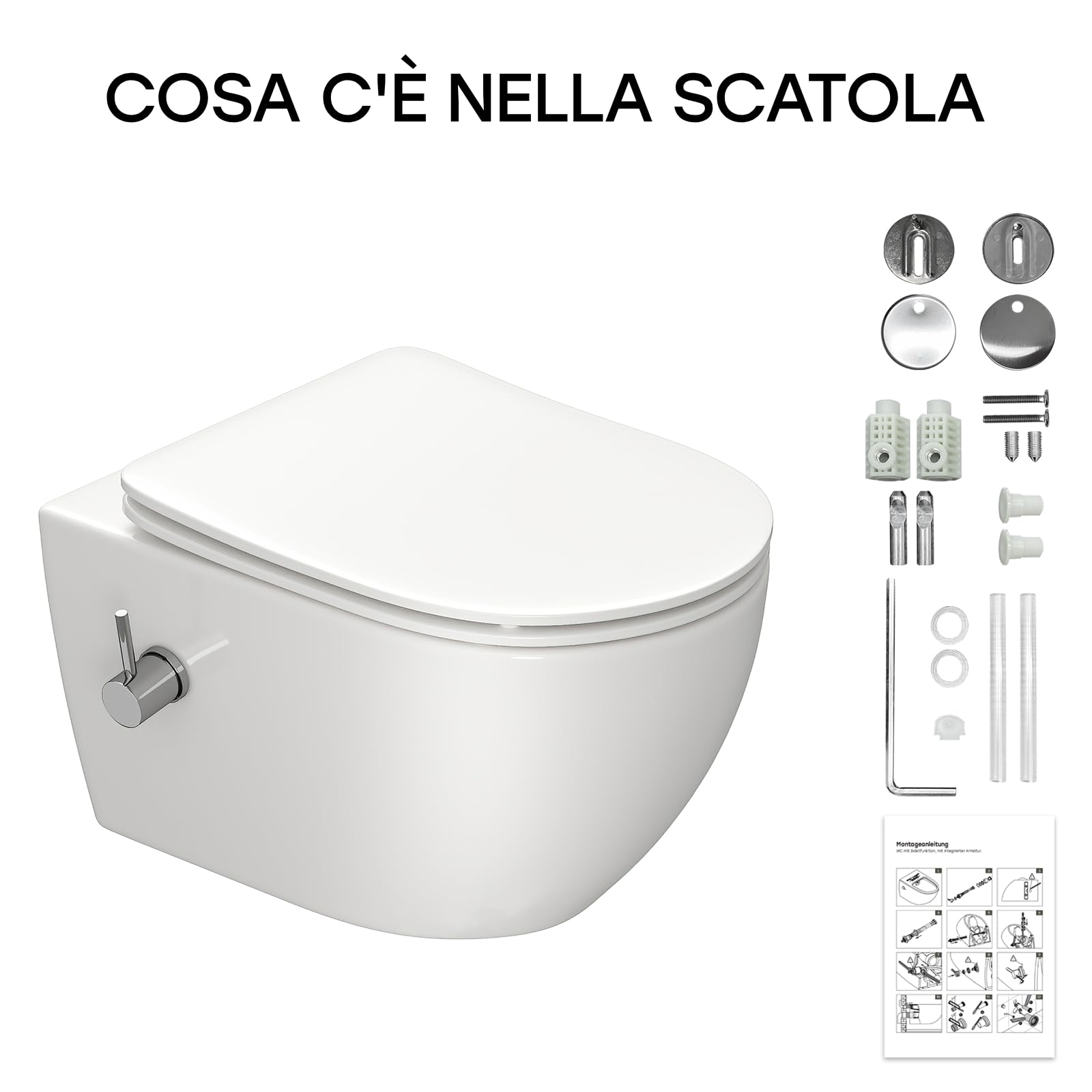 WC con ugello integrato, WC sospeso con funzione bidet, WC con rivestimento nano-rivestimento, WC con rubinetto, sedile WC con abbassamento automatico, 53 x 36 x 35 cm
