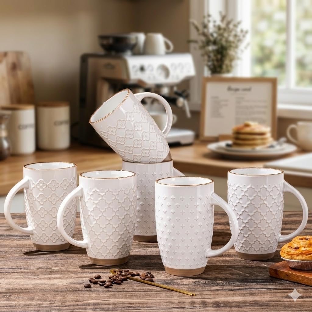 GBhome 20oz Large Coffee Mugs Set of 6, Handmade Tall Ceramic Coffee Mugs with Texture Patterns for Cappuccino, Latte,Hot Cocoa, Dishwasher & Microwave Safe-Off White