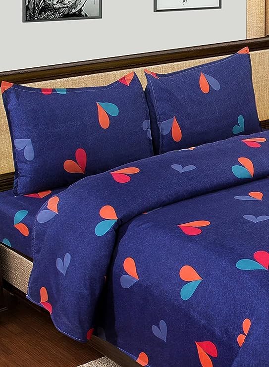 Image of DECORUM 3 D Polycotton Queen Size Bedsheet 90 X 90 Inch with 2 Pillow Cover (Blue Heart)