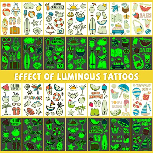 Emome 650+ Styles Glow Hawaiian Luau Tropical Themed Temporary Tattoos For Kids,Summer Beach Pool Party Supplies Favors Decorations,Waterproof Fake Tattoo Stickers For Girls Boys（56 Sheets） #TOP3