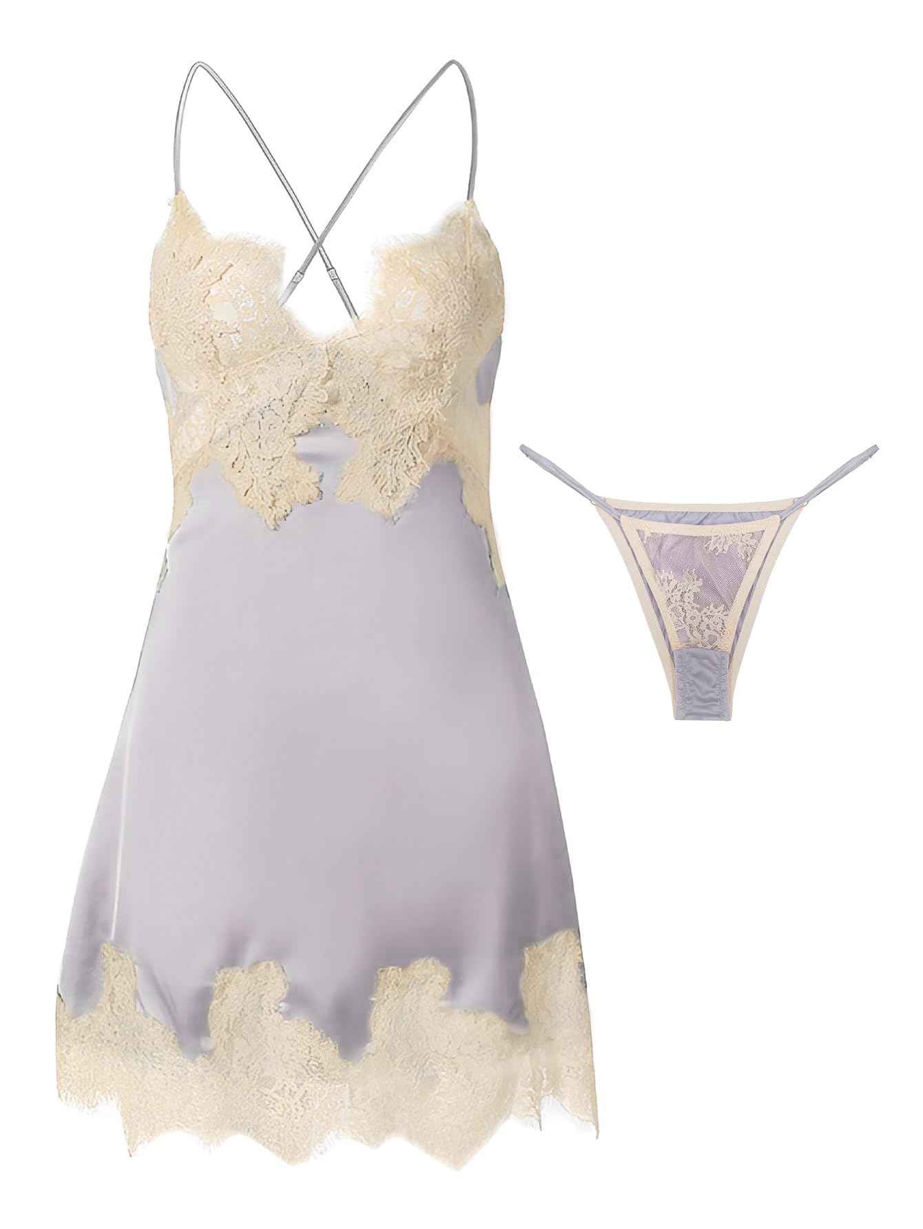 Lilosy Sexy Silk Lace Up Backless Satin Applique Floral Lace Babydoll Lingerie Dress with Tong 2 Piece