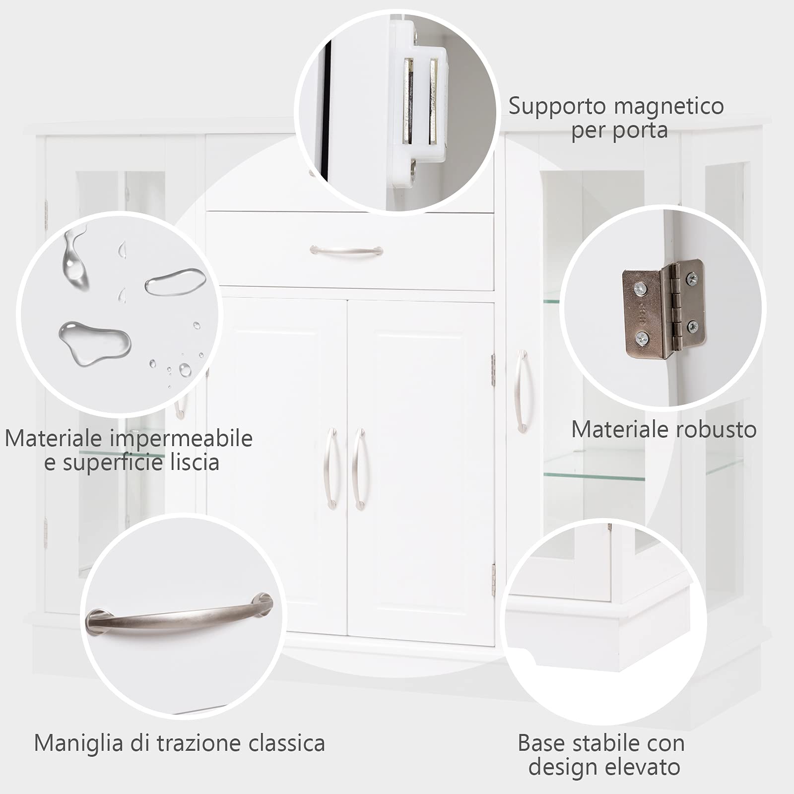 GYMAX Credenza per Cucina, Mobile di Stoccaggio per Cucina con Porte e Ripiani, 2 Vetrine in Vetro per Sala da Pranzo, Corridoio, Ufficio 107 x 30 x 82 cm