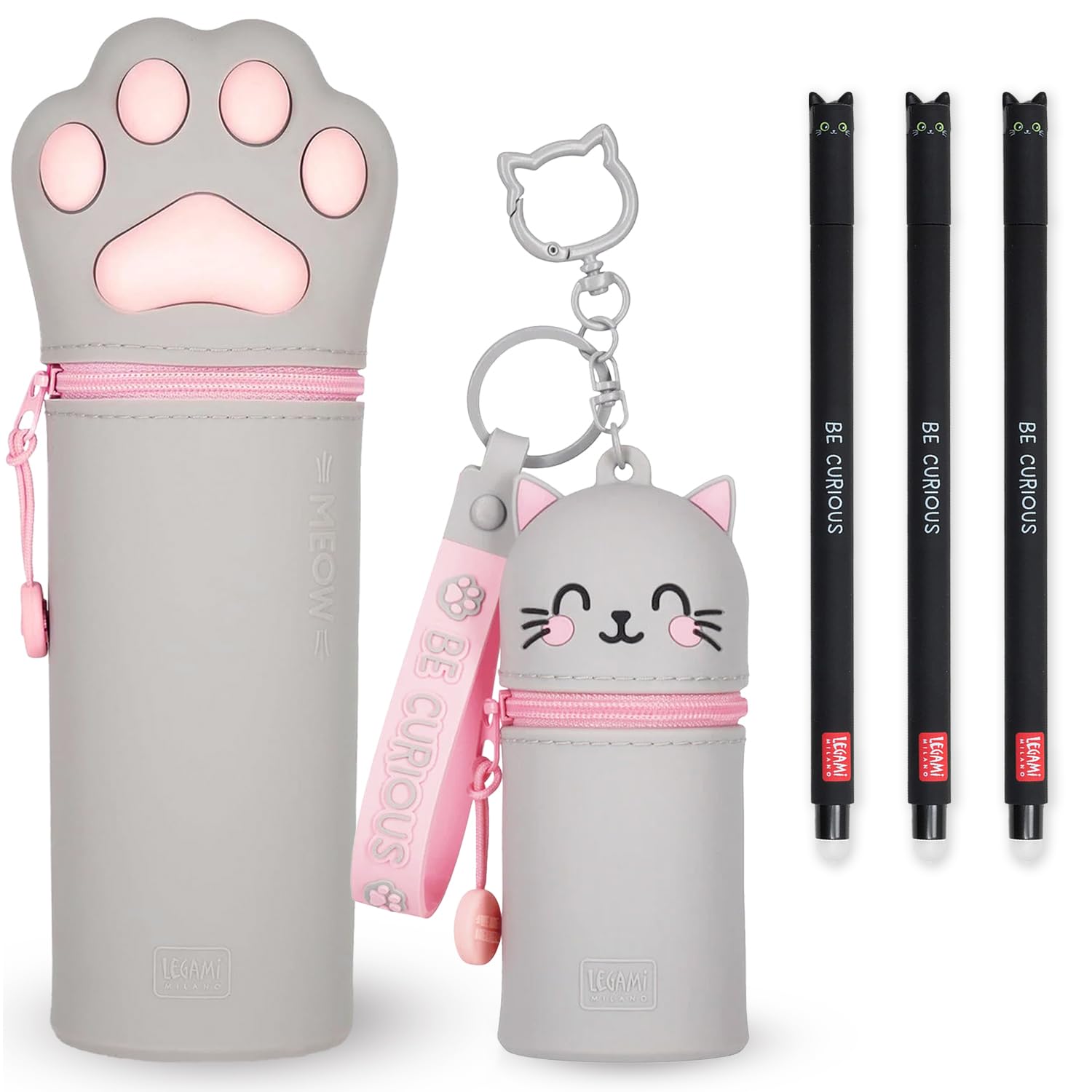 LEGAMI Set of 3 Erasable Gel Pens + 2-in-1 Kawaii Pencil Case + Coin Purse Key Chain Gift Set | Cute Fun Animal Theme Designs (Kitty)