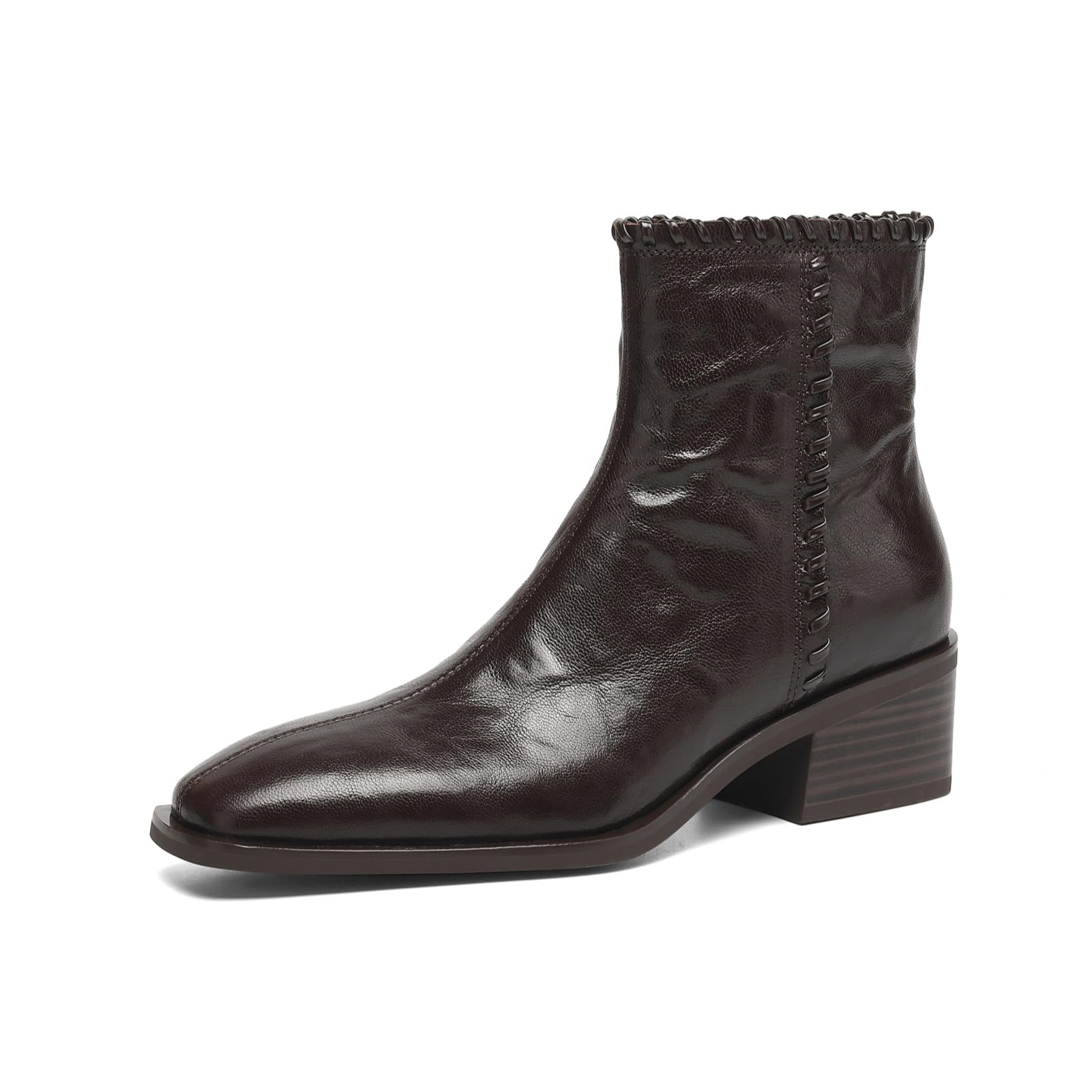 TinaCus Side Zip up Ankle Boots Womens Square Toe Genuine Leather Handmade Low Chunky Heels