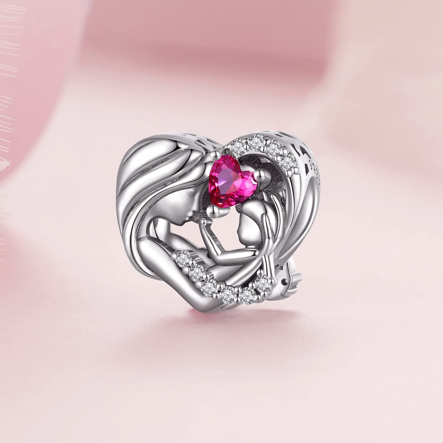 Charm de Madre e Hija para Pulsera de Pandora-Abalorio de Plata de Ley Corazón Rosa Zirconia-Regalo para Mujeres Niñas