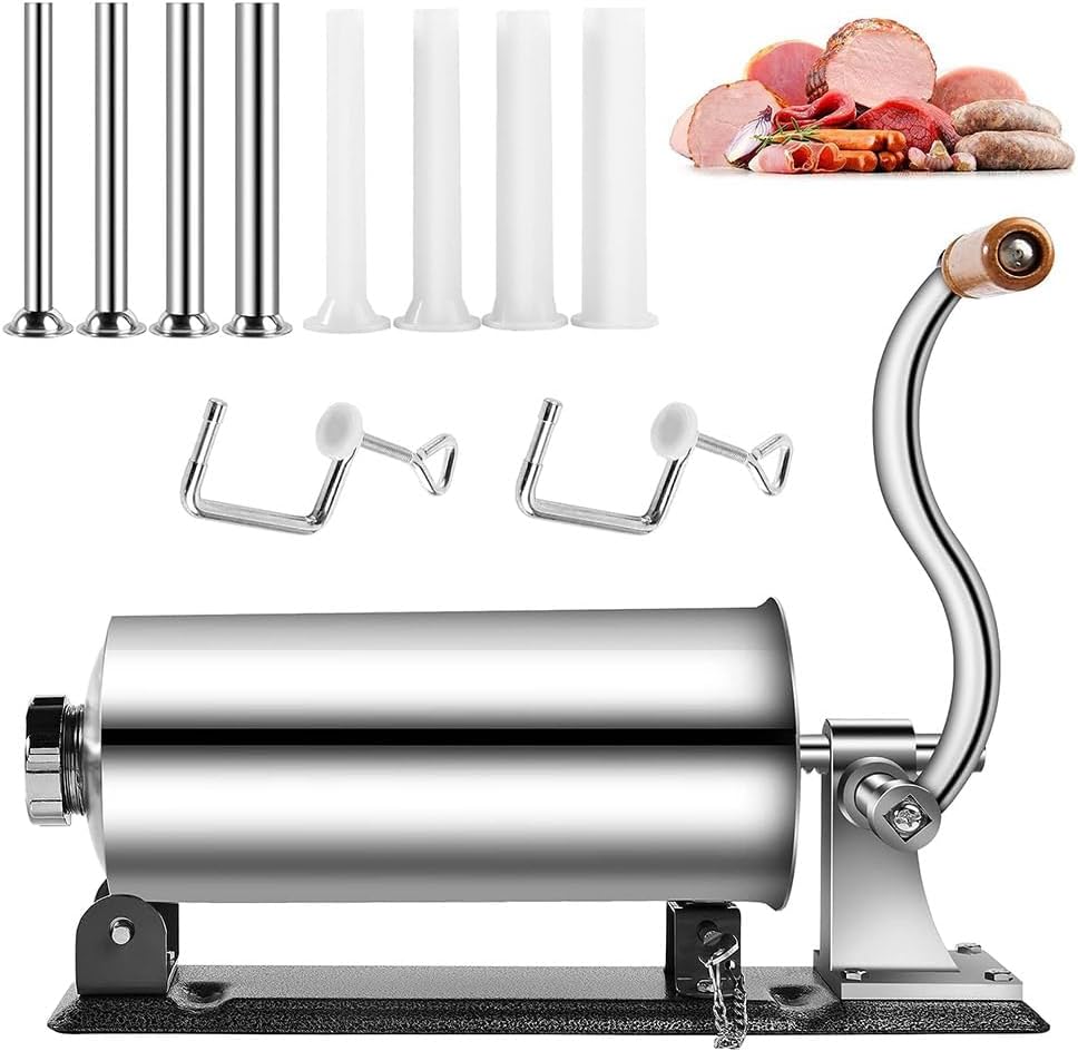 4L Sausage Stuffer, Horizontal Manual Meat Stuffing Filler with 4 Filling Tubes,for Commercial Kitchen and Household Use,