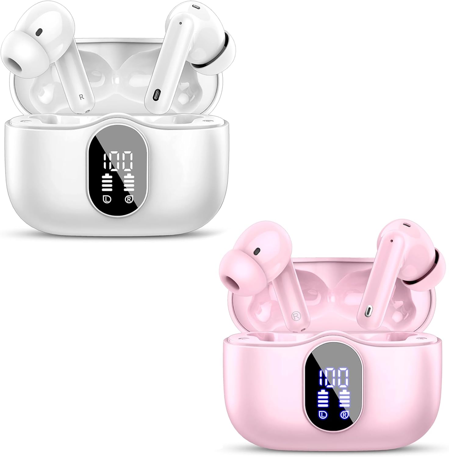Btootos 2 Sets Wireless Earbuds, Bluetooth 5.4 Headphones Bass Stereo, Ear Buds with Noise Cancelling Mic, LED Display in Ear Earphones Clear Calls, IP7 Waterproof Bluetooth Earbuds, White+Pink