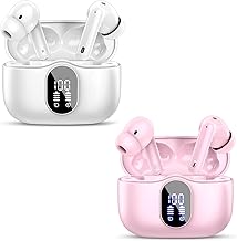 Btootos 2 Sets Wireless Earbuds, Bluetooth 5.4 Headphones Bass Stereo, Ear Buds with Noise Cancelling Mic, LED Display in Ear Earphones Clear Calls, IP7 Waterproof Bluetooth Earbuds, White+Pink
