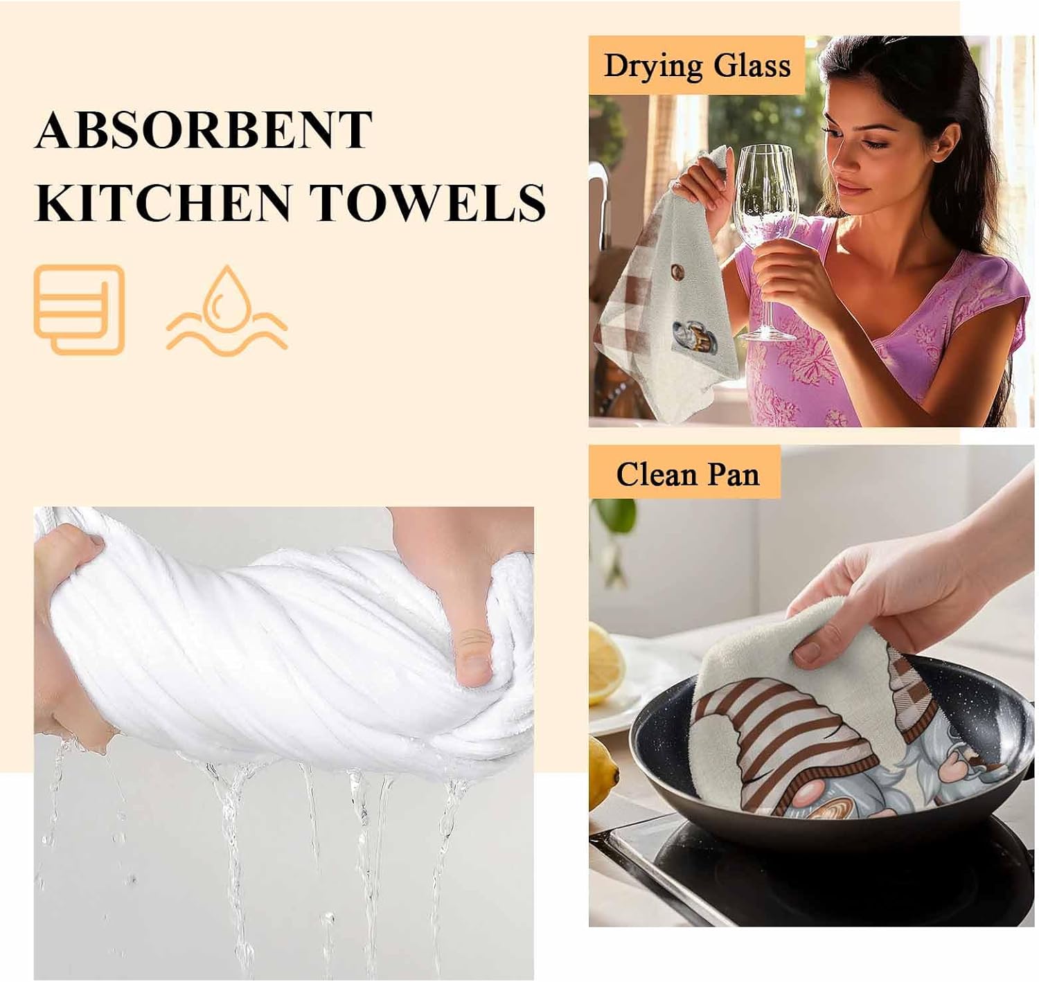 2 Packs Kitchen Towels and Dishcloths Sets, Cute Gnomes Coffee Time Brown 18 x28 Inch Cotton Dish Towel, Absorbent Quick Drying Hand Towels for Living Room Kitchen Decor Tea Towel