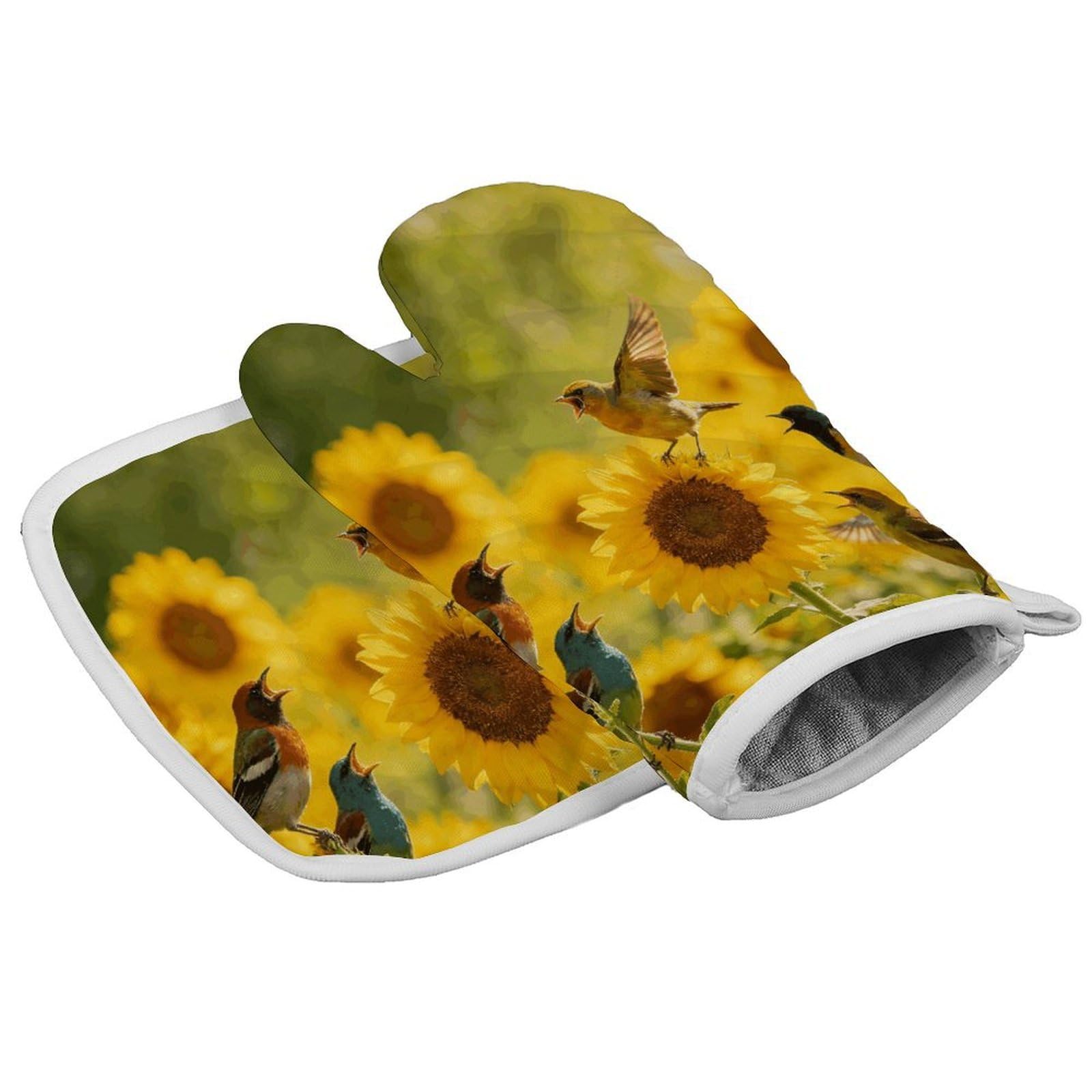 Fodpand Style Sunflowers And Songbirds Oven Mitt Set With Lanyard, Cooking Mitt, Protective Thermal Insulation,Kitchen Mitt For Baking, Cooking, Grilling, Microwave