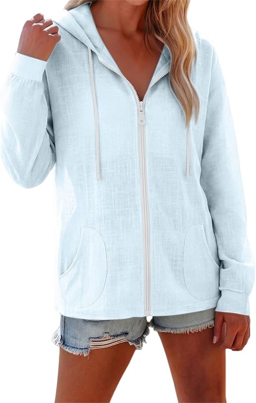 Summer Beach Cover Up for Women Linen Zip Up Hoodies Cotton Gauze Tops Breathable Drawstring Long Sleeve Sweatshirt