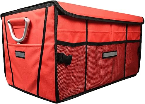 Xicennego Trunk Organizer And Storage-Large Capacity Collapsible Multi-Compartment Car Organizer Storage Box Oxford Cloth Waterproof Bottom Non-Slip Belt Handle With CoverRed
