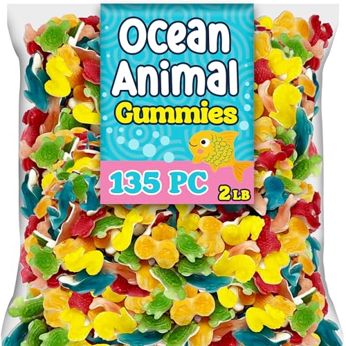 Fish Candy Ocean Gummies, 2 Lbs Bulk, Ocean Friends Sea Creatures, Assorted Flavors and Fish Shapes, Sharks, Turtles and More, Soft and Chewy Fishing Themed Candy Treat for Movie Theater, Parties