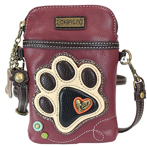 CHALA Dog Lovers Paw Print Cellphone Convertible Strap Crossbody Handbag Dog Lovers, Dog Mom (Ivory/Maroon)