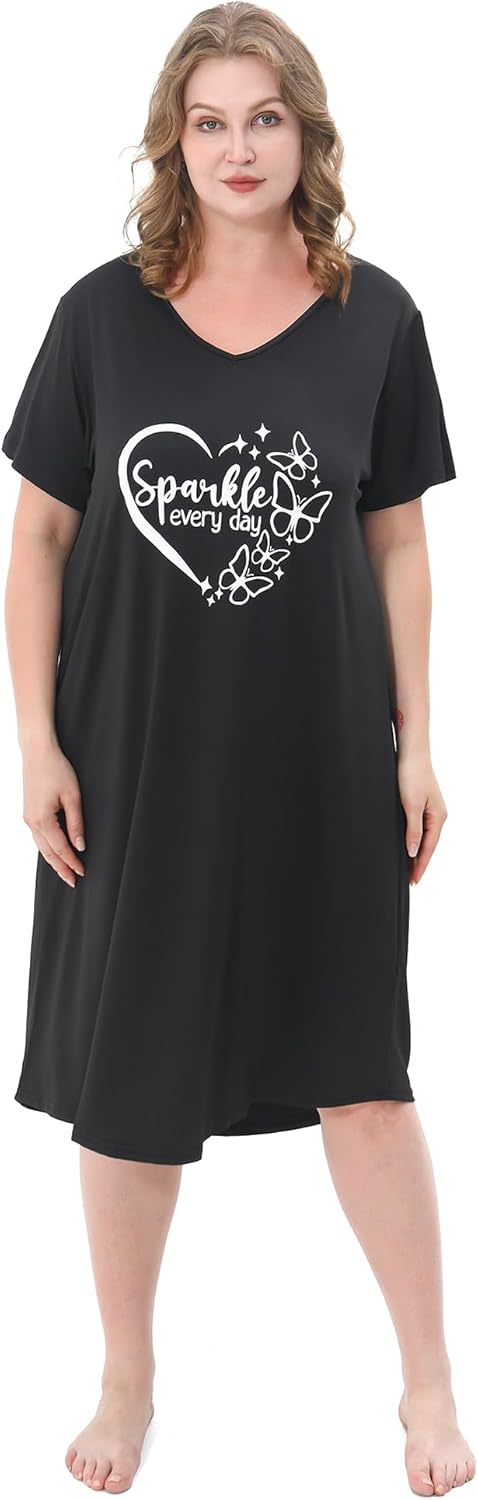 2 Pack Plus Size Nightgown for Women Casual V Neck Nightshirts Print Short Sleeve Sleepwear - Image 3