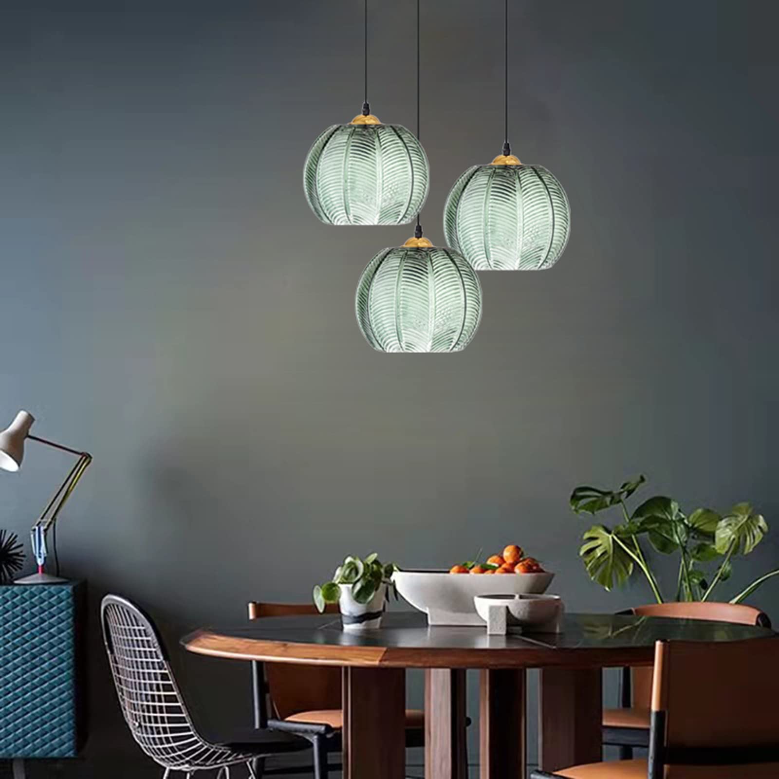 Suspension Vintage en Verre Vert 15cm Lampe Suspendue Boule Luminaire Intérieur pour Salle à Manger Cuisine Îlot Chambre Couloir Bar (Vert, 25cm)