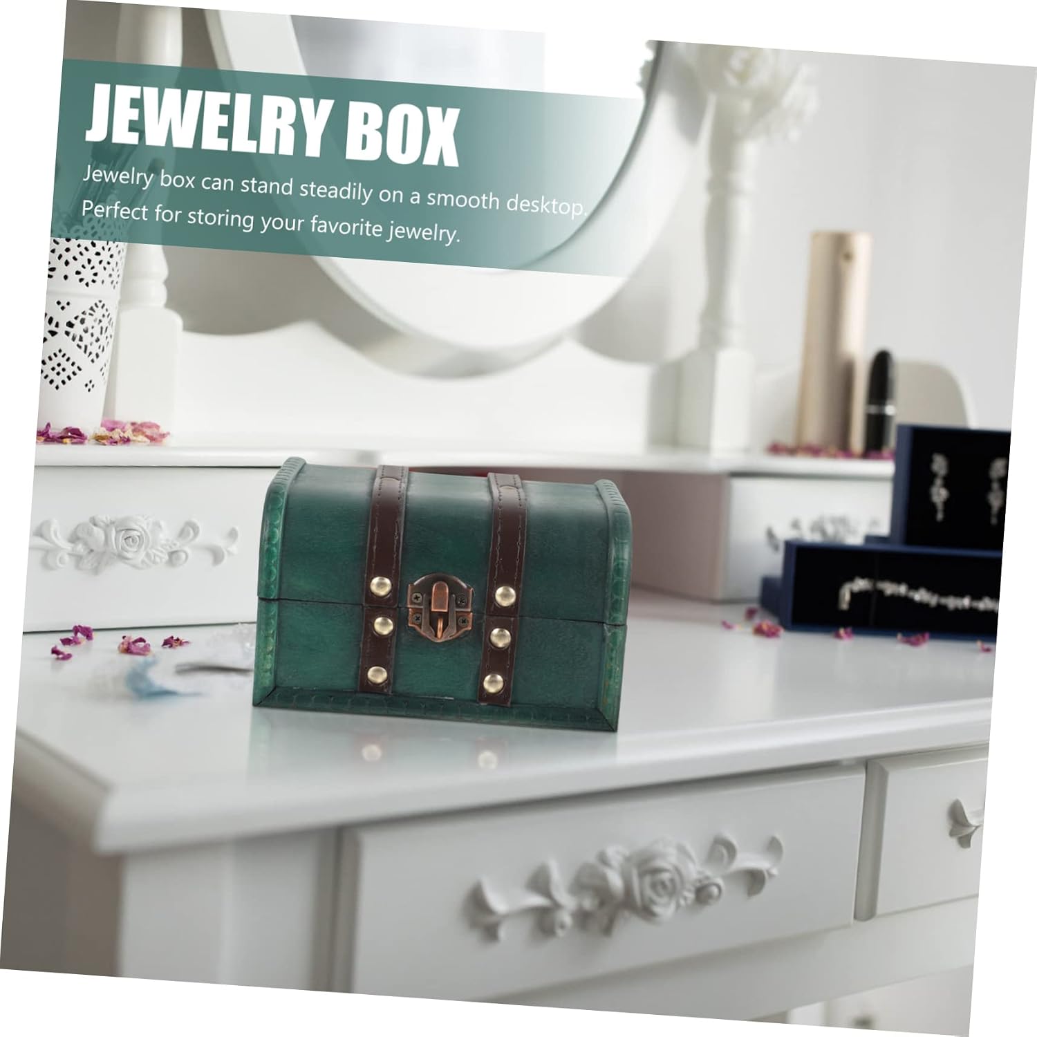 OUNONA Vintage Jewelry Box with Lock Wooden Storage Chest for Treasures Necklace Organizer Stylish Decor for Bedroom for Earrings Rings Pendants and More