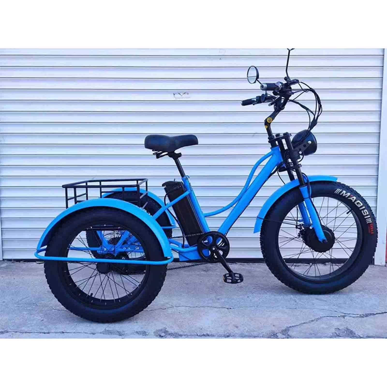 24'' Fat Tire Adult Tricycle (7-Speed), Adult Cruiser Bikes + LCD Display + Headlight, Low-Step Through Frame/Large Basket Blue