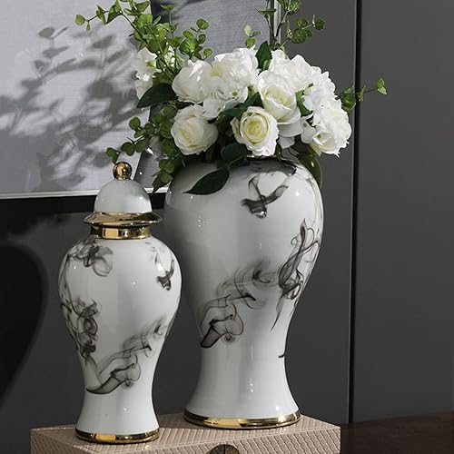 ZHOUXIAO Jarrones coloridos de cerámica con tapa para decoración del hogar en blanco y negro jarrón moderno de porcelana china tradicional para
