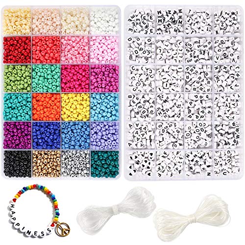 DICOBD Beads Kit for Bracelets, 6000pcs 4mm Glass Seed Beads and 1200pcs Letter Beads with 2 Rolls of Cord for Bracelets Necklaces and Key Chains Making