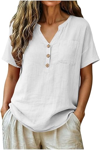 Cotton Henley Tops for Women Short Sleeve Pocket Blouse Split Neck Loose Fit Summer Shirts for Brunch Travel Wear