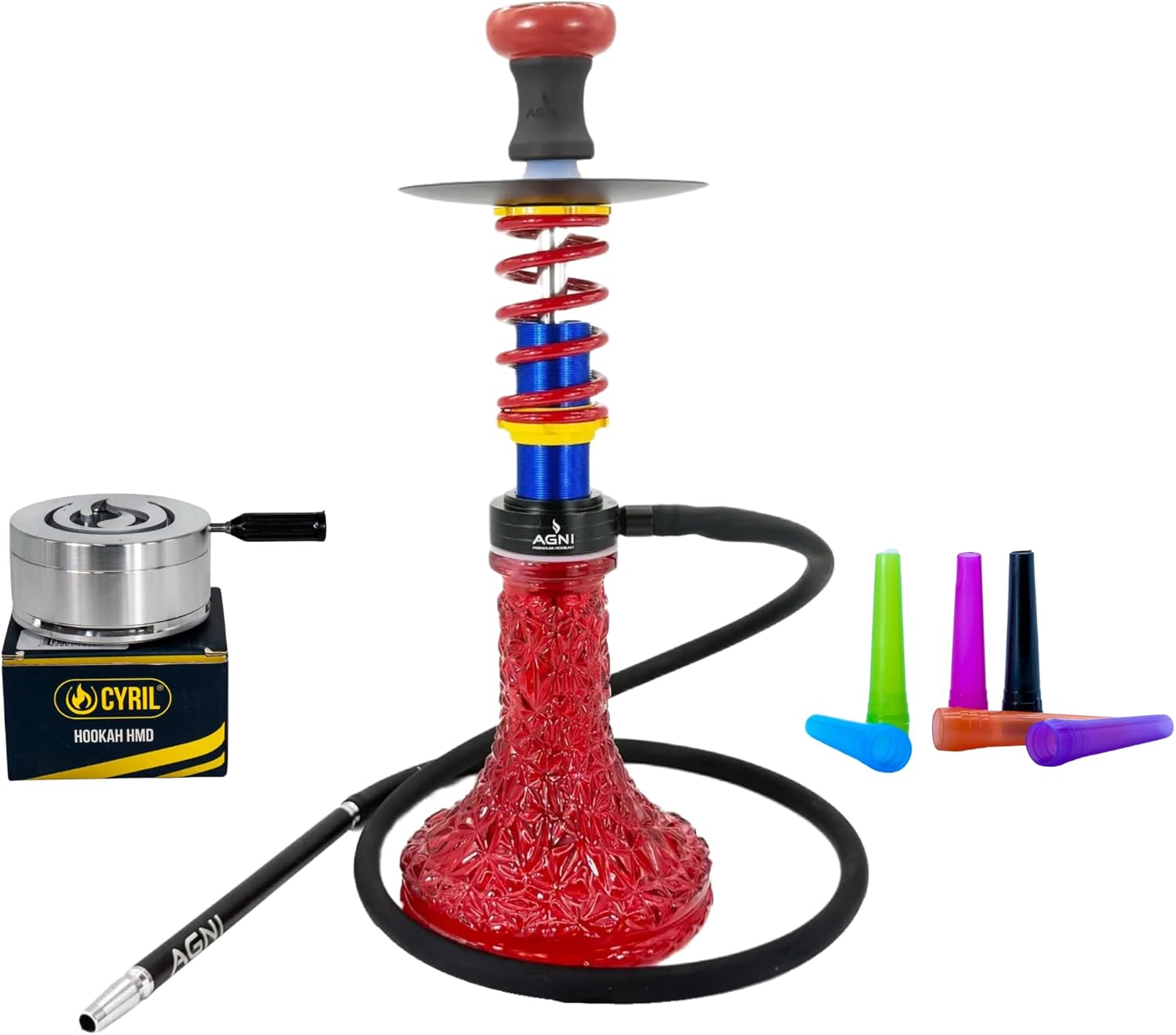 Agni Hookah F1 Premium Set with Cyril Fire HMD & 10 Disposable Tips | 19.6" Modern Glass Shisha Pipe with Silicone Hose, Tradi Clay Bowl & Aluminum Heat Management Device | Modern Racing Inspired Design | Smooth Smoking Experience (RED - BLACK)