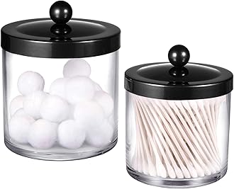 Premium Quality Plastic Apothecary Jars - Qtip Holder Bathroom Vanity Countertop Storage Organizer Canister Clear Acrylic for Cotton Swabs,Rounds, Balls,Makeup Sponges,Bath Salts / 2 Pack (Black)