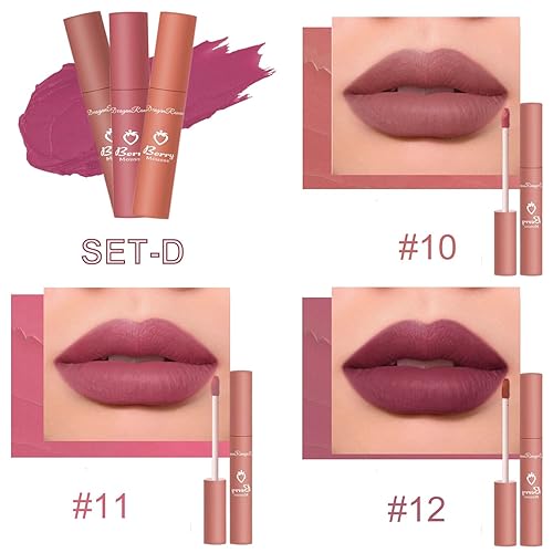 Miniatura 2 de 3 lápices labiales líquidos de terciopelo mate, brillo de labios suave, juego de cosméticos de maquillaje para mujeres, 3 colores de esmalte de