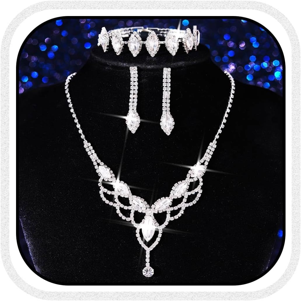 GORAIS Crystal Bridal Wedding Jewelry Set Rhinestone Necklace Earrings Bracelet Sets Prom Formal Costume Jewelry for Women and Brides