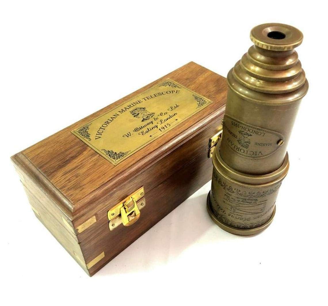 Telescopio vintage in ottone antico 20 pollici mano estensibile navale vittoriano pirata telescopio con bella scatola di legno duro lucido