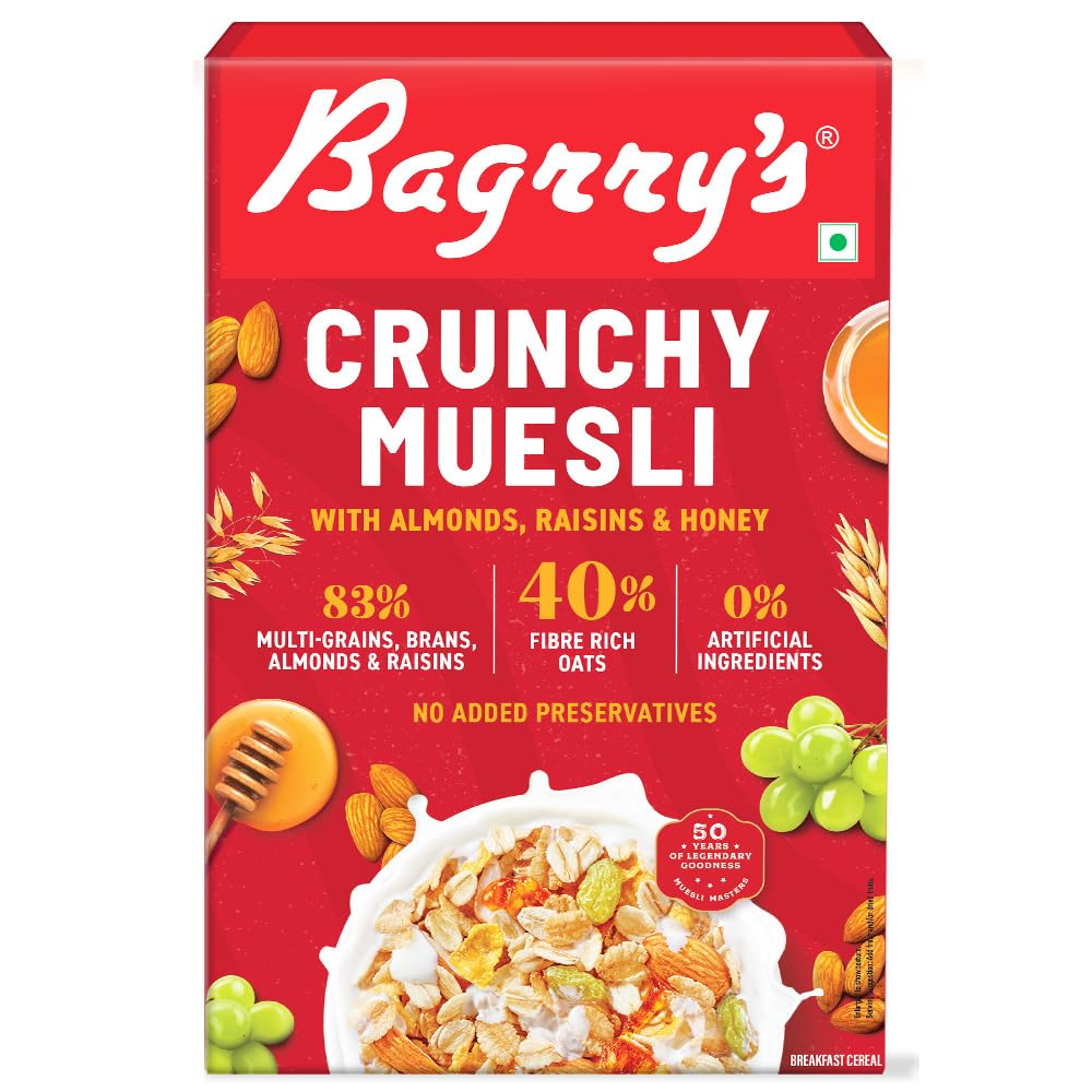Bagrrys Crunchy Muesli 200gm Box| 40% Fibre Rich Oats with Bran | 82% Multi Grains, Almonds, Raisins & Honey | Breakfast Cereal | Protein Rich | All Natural Muesli (B00LA5O5FA) Amazon Price History, Amazon Price Tracker