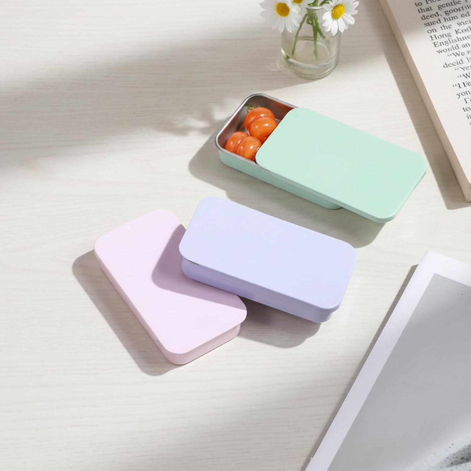 TIESOME 3 PCS Metal Tin Box Containers, 2.36 x1.33 x 0.4 Inch Small Metal Box Mini Rectangular Slide Top Containers Hinged Tin Boxes for Candies Jewelry Crafts Pills Survival Kit(Pink,Green,Purple)