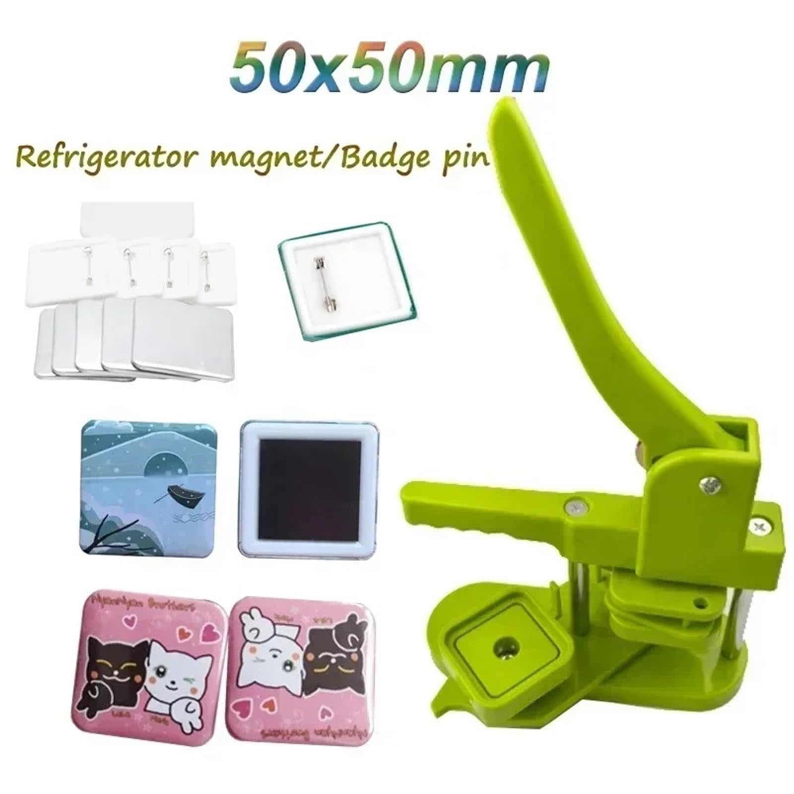 Badges Machine Zestaw maszyn do produkcji kwadratowych magnesów na lodówkę 50x50mm Maszyna i nóż oraz 100 zestawów materiałów eksploatacyjnych Photo Magnet Machine(Pink Set)