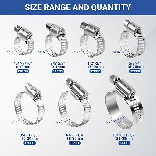 Miniatura 2 de Kit de surtido de 82 piezas de abrazaderas para manguera Abrazaderas para manguera de engranaje sinfín de acero inoxidable 304 ajustables de 14'' a