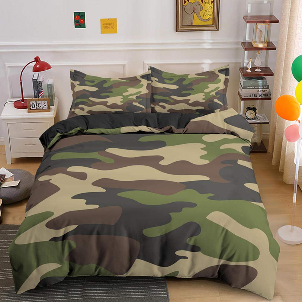 Camouflage Dekbedovertrek Militaire stijl Kaki Chillie Pak Leger Fan Army Navy Air Force Patroon Mode Decoratief 3-delige Beddengoed Set Met Kussensloop, Tweepersoonsbed (ArmyGreen 2.200x200 cm