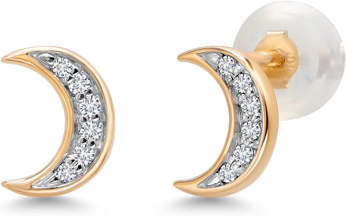 Gem Stone King 10K Yellow Gold White Lab Grown Diamond Crescent Half Moon Stud Earrings | Gold Earrings For Women Men