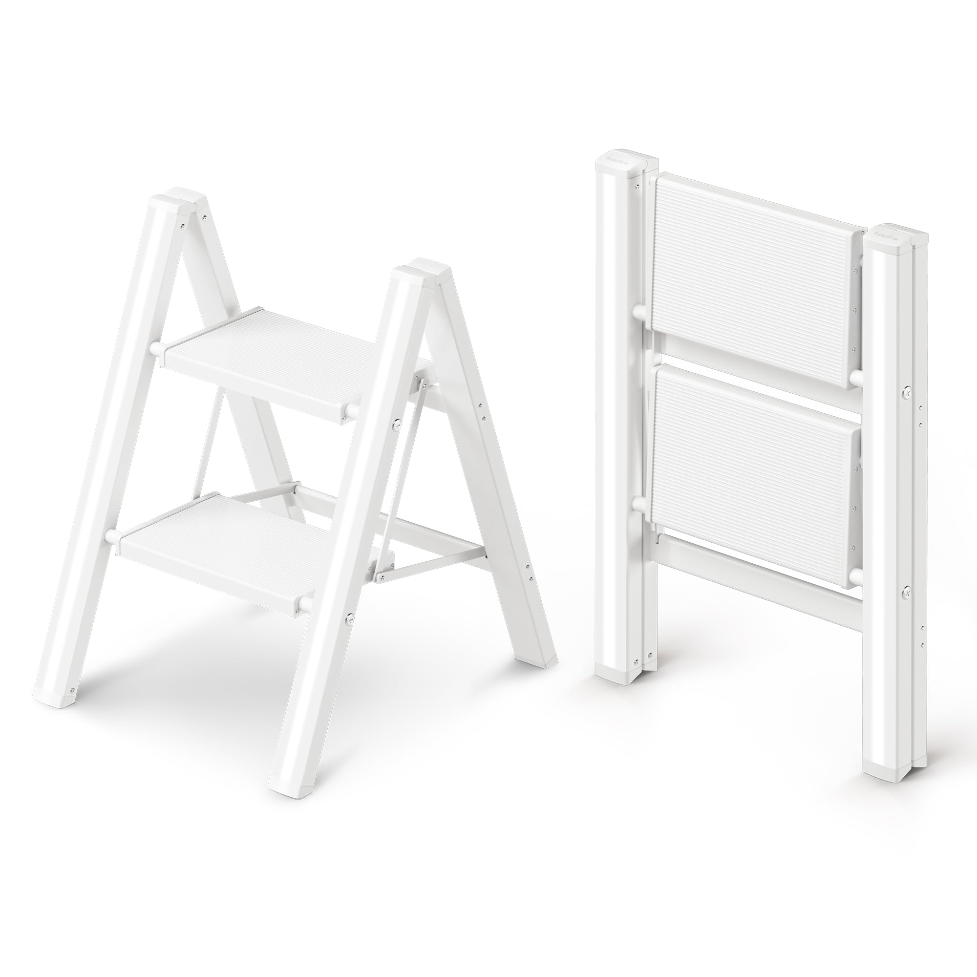 GameGem 2 Step Ladder, Folding Step Stool with Anti-Slip Wide Pedal, Aluminum Material Lightweight yet Sturdy, 150 KG Loading, Cute Modern Apperance for Indoor Household Spaces, White